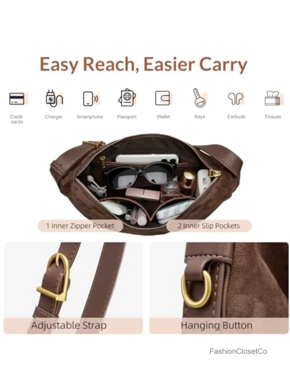 Slouchy Hobo Shoulder Bag with Adjustable Strap 5 Pockets Fits Tablet
